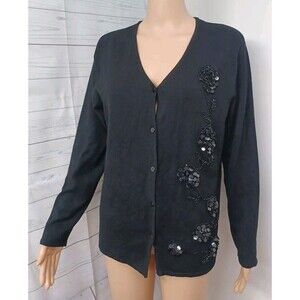 Loulou Cardigan Sweater Sz L Black Beaded Embellished